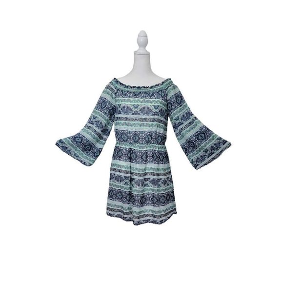 Alya Dress Mini Women's Small Blue & Teal 3/4 Bell Sleeve Boho - Picture 1 of 12
